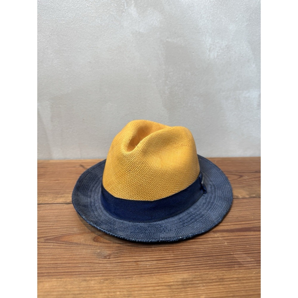 Stetson Handwoven Genuine Panama Straw Fedora Hat Yellow Navy Blue Ecuador Made